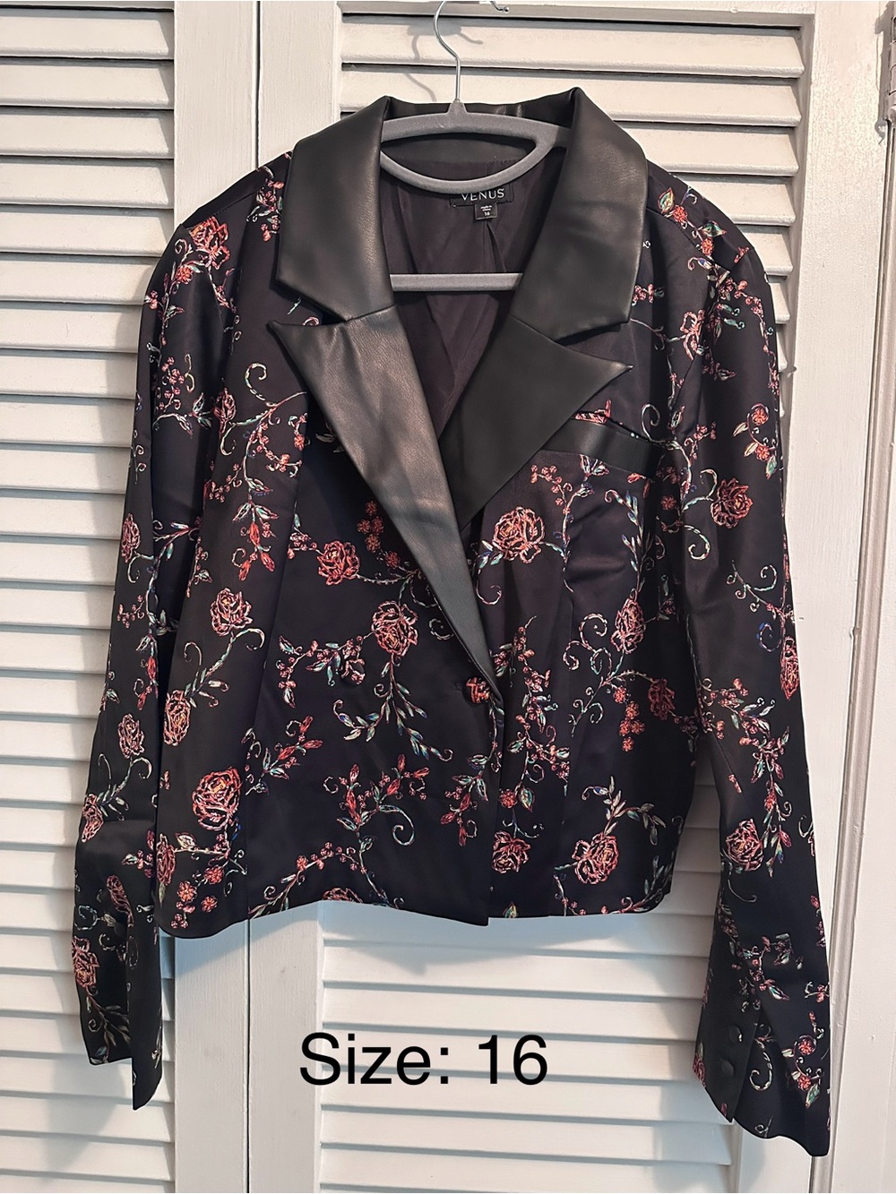 VENUS Black Floral Satin Blazer with Faux-Leather Lapel